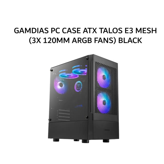 GAMDIAS PC CASE ATX TALOS E3 MESH (3X 120MM ARGB FANS) BLACK 2Y